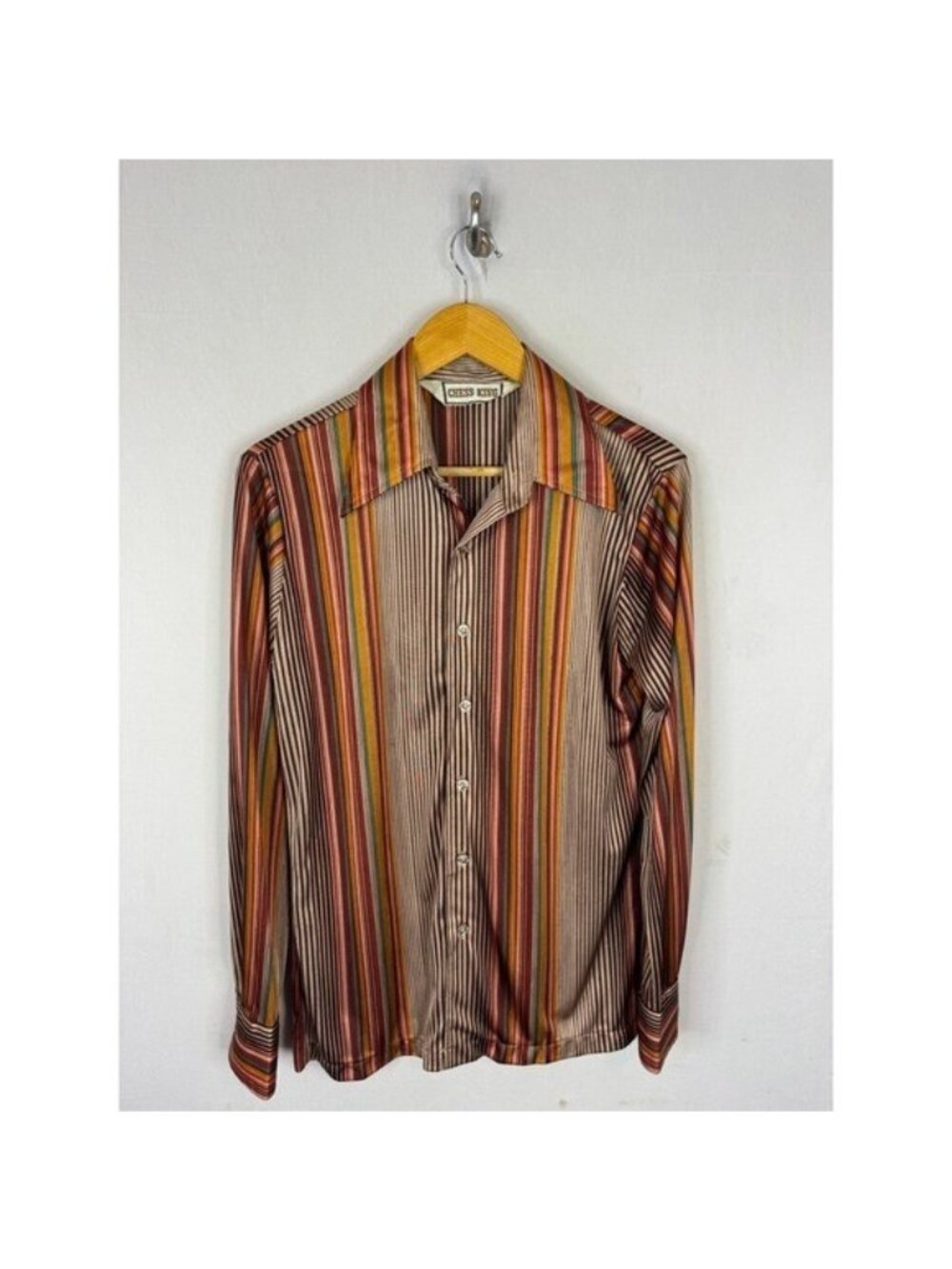 Vintage Chess King 70s Disco Stripe Button Down Shirt Brown Orange Teal Mens M